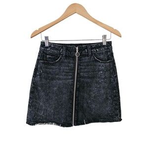 PAIGE‎ Zip Front Skirt Black Jean Motto Distressed Raw Hem 26